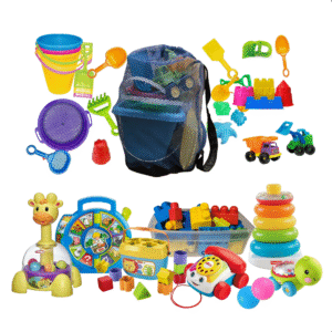 bag of beach toys and tub of indoor toys