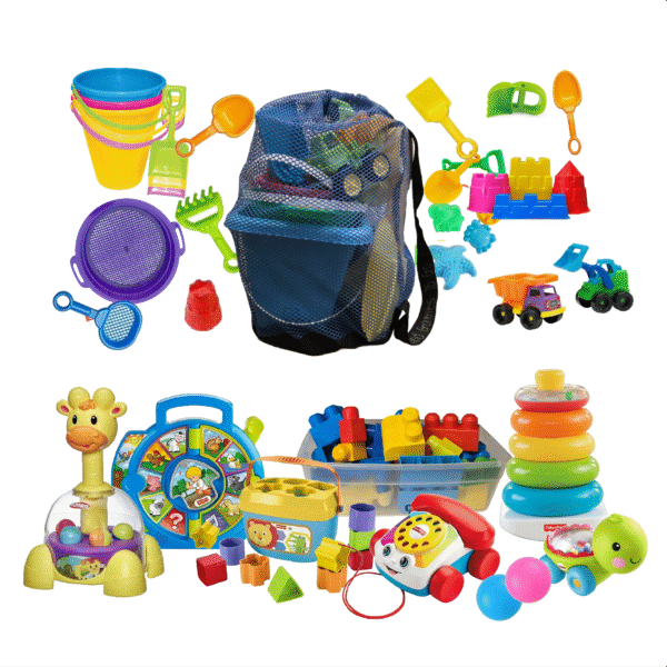 beach and indoor toys bag of beach toys and tub of indoor toys