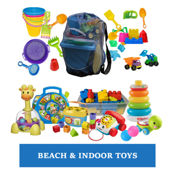 pkg beach and indoor bag of beach toys and tub of indoor toys