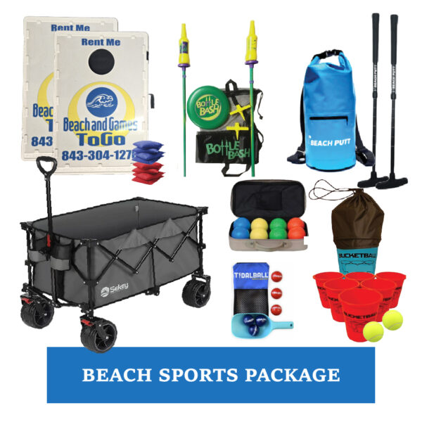 Beach sports including Beach Putt, Bottle Bash, Lightweight Cornhole, Beach Bocce, TidalBall, Bucketball & an Ultra Cargo Wagon for transport!