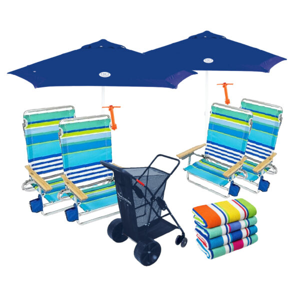 2 Umbrellas w/ anchors, 4 Classic Beach Chairs, 4 Beach Towels, & a Beach Cart Package