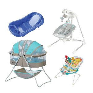 Bassinet, swing, bath tub & bouncy seat package