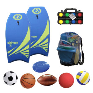 kid game package includes 2 boogie boards, kids bocce set, bag of 5 sports balls + frisbee, and a bag of beach toys