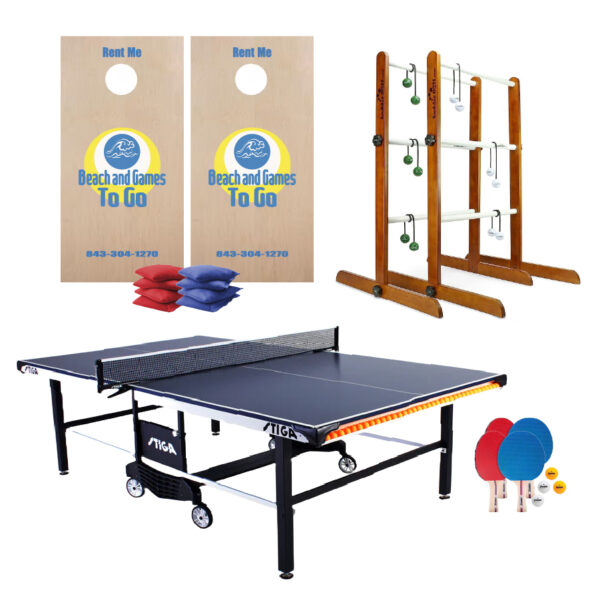 Party Package cornhole set, ladder ball game set, ping pong table w/ paddles & balls