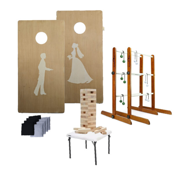 Wedding Party Package Ladder Ball Game Set, Wedding-themed Cornhole Set, Giant Jenga Game w/ Play Table