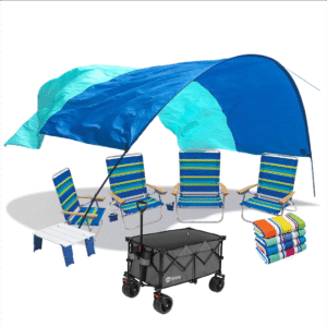 Shibumi, beach table, ultra cargo wagon, 4 beach towels & choice of 4 beach chairs: easy in/out, lounge, backpack, classic or hi-boy beach chair.