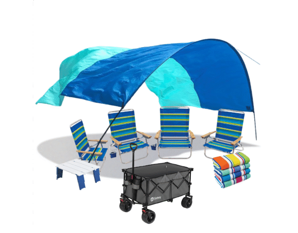 Shibumi, beach table, ultra cargo wagon, 4 beach towels & choice of 4 beach chairs: easy in/out, lounge, backpack, classic or hi-boy beach chair.